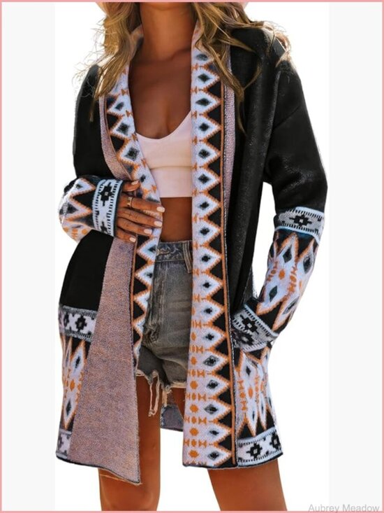 Sweaters - Aztec Print Open Front Cardigan with Pockets